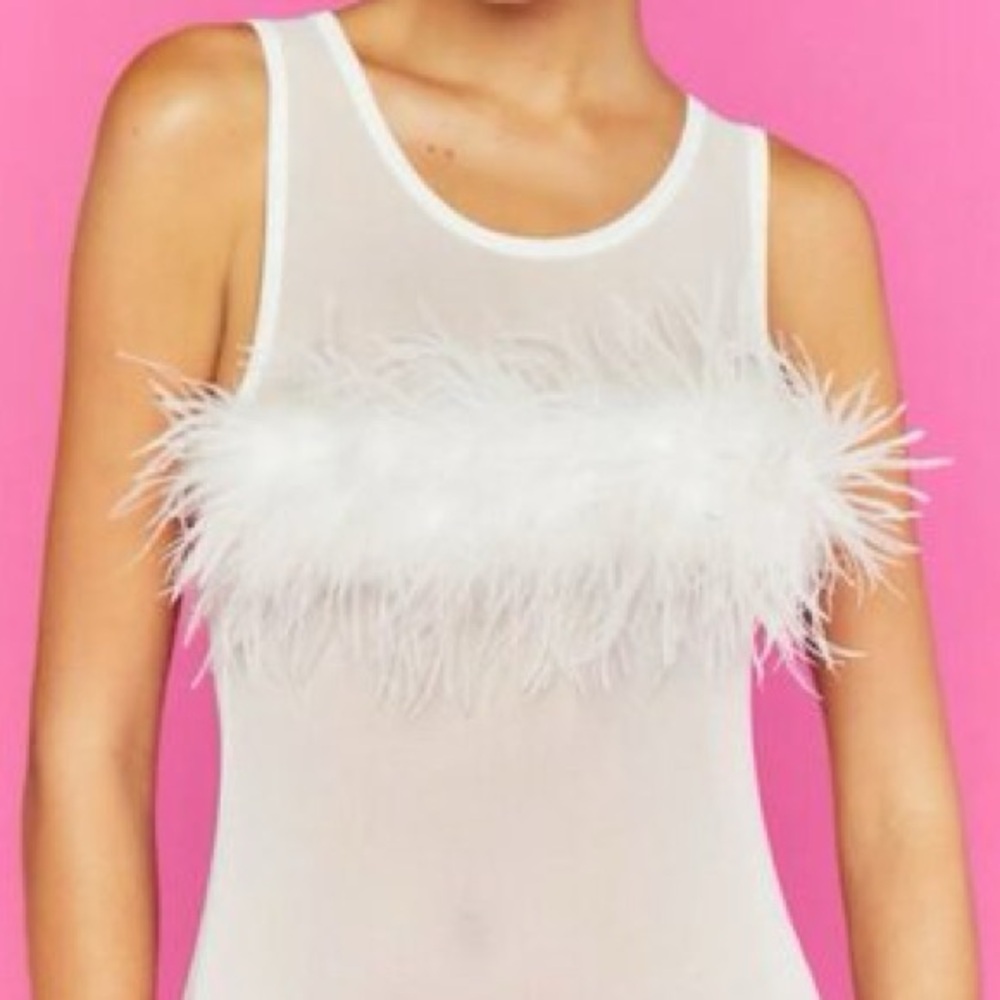 Forever 21 White Feather Mesh Bodysuit Size Small